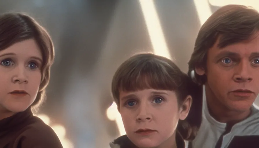 Image similar to film still of carrie fisher and mark hamill as children in new star wars movie, dramatic lighting, highly detailed face, kodak film, wide angle shot,