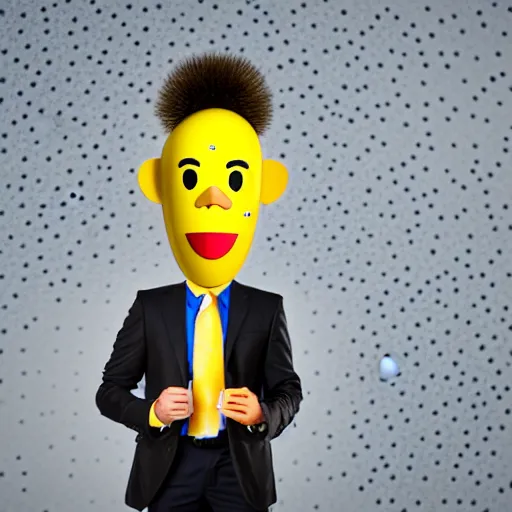 Image similar to a person with a banana head wearing a business suit