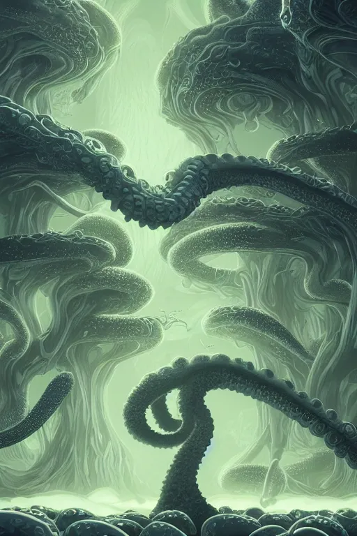 Image similar to concept art painting of an alien world with tentacle trees, artgerm, moebius, inio asano, toon shading, cel shading, calm, tranquil,