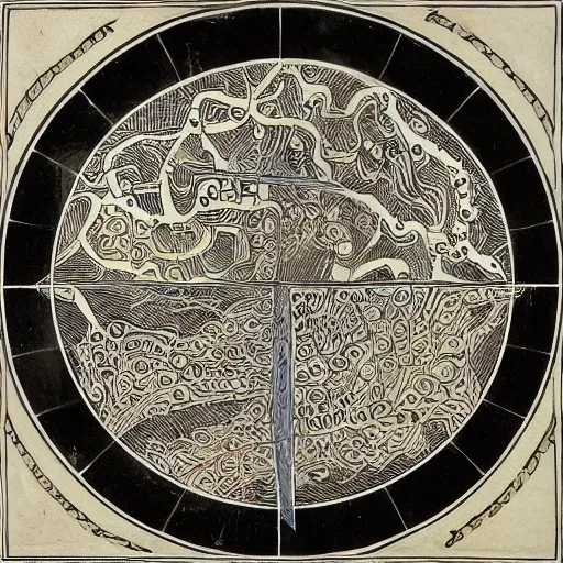 Image similar to The map is covered in intricate drawings and symbols that appear to depict the flow of some sort of energy or substance. The center of the map is dominated by a large spiral, with lines emanating out from it in all directions. There are three main sections to the map: the left side, the right side, and the middle. The left side appears to be a series of interconnected chambers, while the right side is a series of mazes. The middle section is a series of interlocking gears.