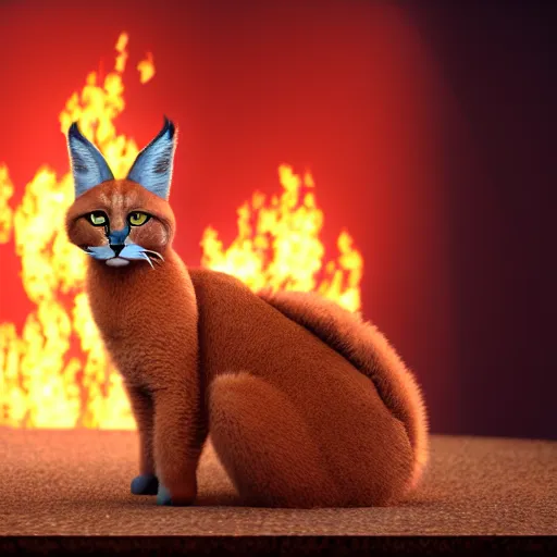 Image similar to wide-angle photo of fluffy cute caracal sitting on a chair in a room, flames of fire at background, octane render, 3d, 8k, hd, studio light