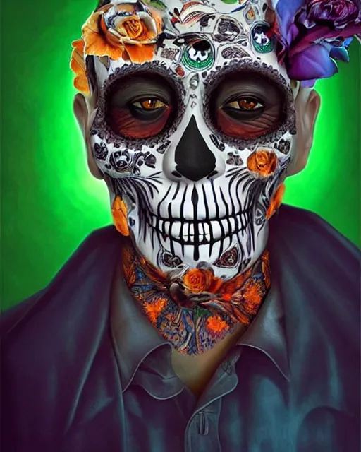 Image similar to dia de los muertos hombre theme surrealist art in the styles of igor morski, jim warren, and osborne macharia, intricate, hyperrealistic, accurate facial details, profile picture with chromakey!!!!! background, volumetric lighting