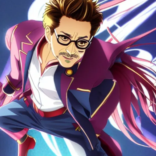 Prompt: robert downey jr as anime character, kyoto animation, magical