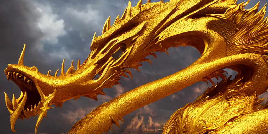 Prompt: golden dragon, unreal 5, hyperrealistic, realistic, photorealistic, dynamic lighting, highly detailed, cinematic landscape, studio landscape, studio lighting