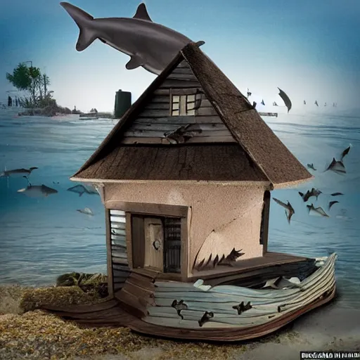 Prompt: shark house with dead fish on the roof, highly realistic, fog coming from the front