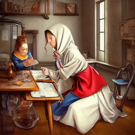 Image similar to “ medieval nurse attending kids in the doctor ’ s office, fantasy, artwork, digital art, intricate, stanley artgerm lau ”