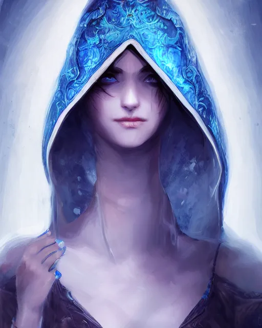 Image similar to A mysterious girl with hooded cobalt-blue eyes and silky white hair, guitar shape build, her wardrobe is attractive, fantasy art, in the style of Fernando Juarez, illustration, epic art, fantasy, intricate, elgant, amazing detail, digital painting, artstation, concept art, smooth, sharp focus