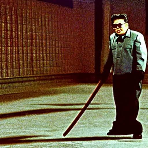 Image similar to a still of Kim Jong-il as Jason Voorhees, north Korean slasher, iconic hockey mask, machete, 35mm film