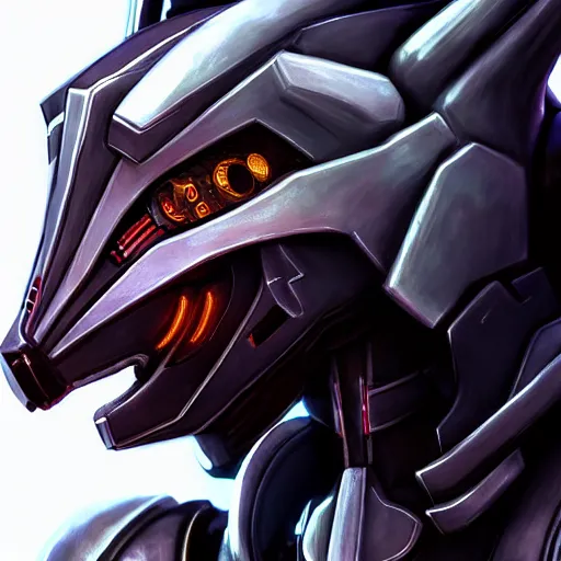 Image similar to close up bust of a cute stunning robot anthropomorphic female dragon, with sleek silver armor, a black OLED visor over the eyes, detailed digital art, furry art, anthro art, sci fi, warframe art, destiny art, high quality, 3D realistic, Furaffinity, Deviantart