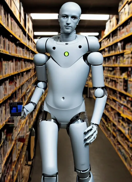 Image similar to a humanoid robot with an adult male human looking face is the statue david by michelangelo, polaroid, flash photography, photo taken in a dark storage room where you can see empty shelves in the background,