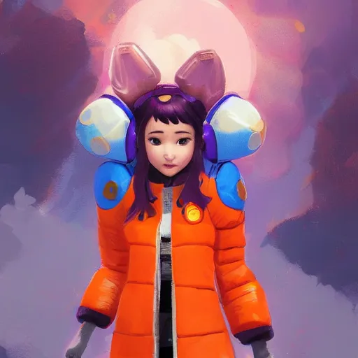 Image similar to magic mushroom, d. va from overwatch wearing orange puffy bomber jacket, craig mullins style