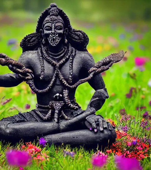 Image similar to mystical hindu black death god statue in tall meadow of flowers, dslr photo, grainy, high detail, high resolution