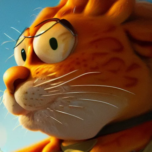 Prompt: close up of garfield with lasagna realistic shaded, fine details, realistic shaded lighting poster by greg rutkowski