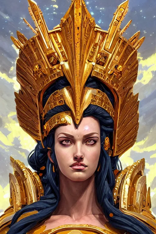 Prompt: The Godess Hera looking angry, detailed armor, portrait radiating a glowing aura, highly detailed, digital painting, artstation, concept art, smooth, sharp focus, beautiful face, symmetric face, enchanted, official fanart, behance, HD, artstation, blue and yellow theme, by Jesper Ejsing and RHADS and Makoto Shinkai and Lois van baarle and Ilya Kuvshinov and Ross Tran