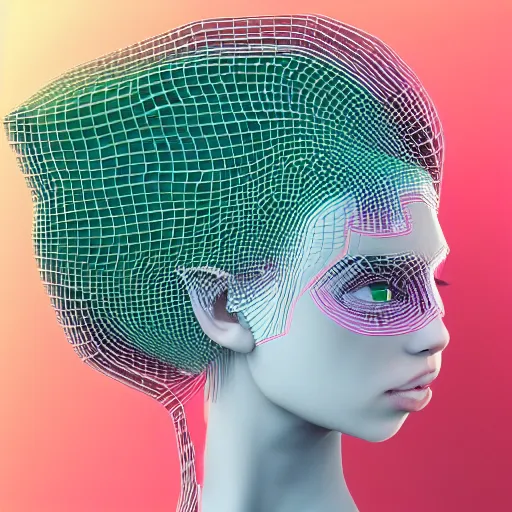 Prompt: three dimensional portrait of a elf inspired by data - driven art, generative, coding, particle waves, spirals