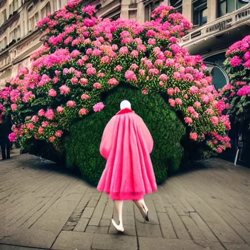 Image similar to giant rhododendron flower head, woman walking through city, surreal photography, cinema, realistic, symmetry, detailed, retro, wes anderson