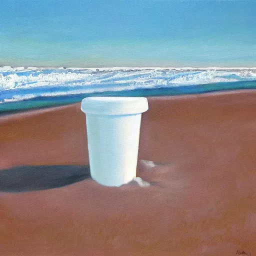 Image similar to an oil painting of a giant white styrofoam cup on the beach, the beach has red water, surrealism