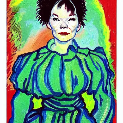 Prompt: very very very detailed and colorful portrait of bjork, painted by van gogh, beautiful