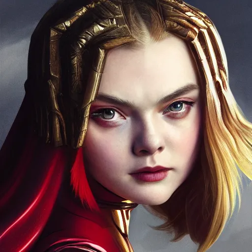 Prompt: medium shot portrait of modern darna, elle fanning as scarlett witch in golden valkyrie armor, intricate, elegant, dark vibes, highly detailed, digital painting, artstation, glamor pose, concept art, smooth, sharp focus, illustration, art by wlop, mars ravelo and greg rutkowski