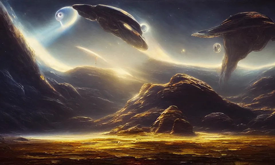 Image similar to the most beautiful landscape, oil painting, alien breathtaking landscape, giant spaceship, cinematic lighting, highly detailed, very realistic