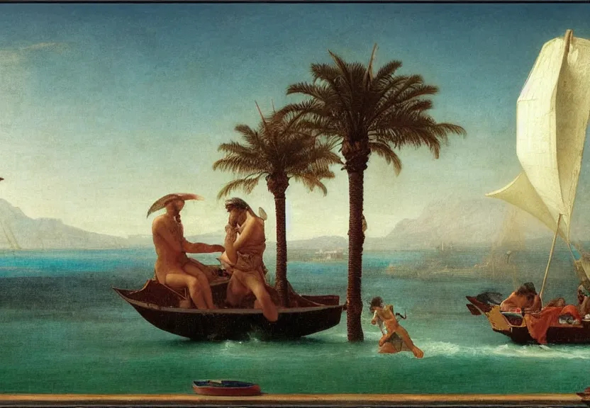 Image similar to Palace floating in the sky, caravels, thunderstorm, greek pool, beach and palm trees on the background major arcana sky, by paul delaroche, hyperrealistic 4k uhd, award-winning, very very very detailed