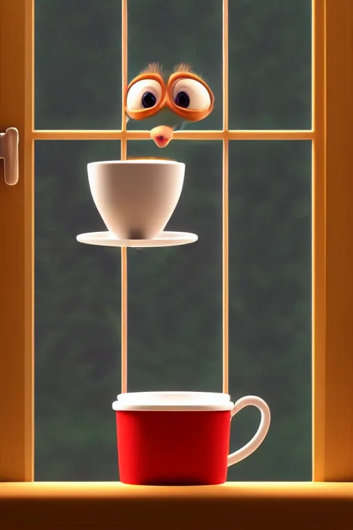 Image similar to happy cat holding one cup of coffee at house window. Pixar Disney 4K 3d render funny animation movie Oscar winning trending on ArtStation and Behance. Ratatouille style.