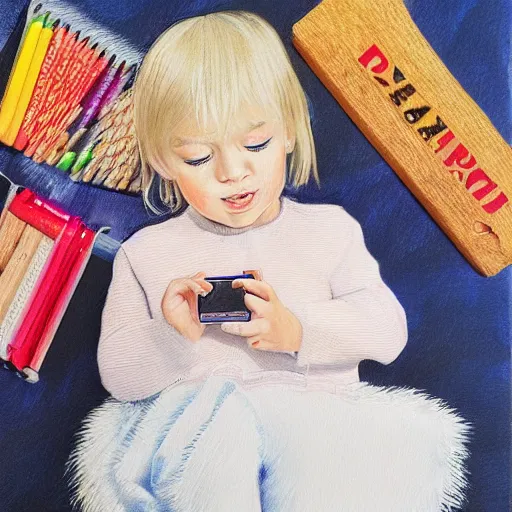 Image similar to 4 year old blonde girl with iphone colored pencil on white background by eloise wilkin