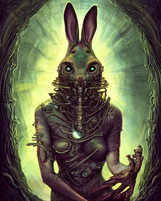 Image similar to alchemist rabbit, by antonio j. manzanedo, giger, alex grey, android jones, wayne barlowe, philippe druillet, raymond swanland, cyril rolando, josephine wall, harumi hironaka, trending on artstation