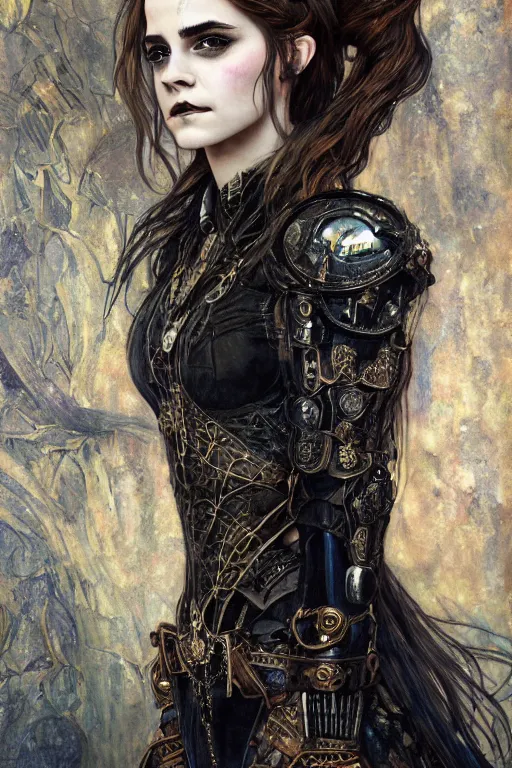 Image similar to beautiful gothic Emma Watson, cyberpunk, Warhammer, highly detailed, artstation, illustration, art by Gustav Klimt