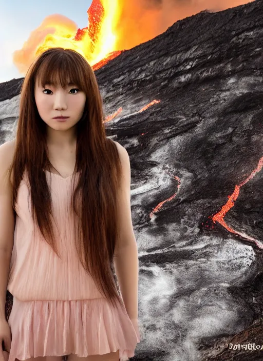 Image similar to Sony Alpha 1 Mirrorless Camera,, 8K, soft light, volumetric lighting, highly detailed, Kasumi Arimura style 3/4 ,portrait photo Kasumi Arimura teen princess, the face emerges from Kīlauea, thermal lava flowing down gold travertine terraces, inspired by Ophelia paint , a beautiful luxurious royal suit, intricate hair with highly detailed realistic beautiful flowers , Realistic, Refined, Highly Detailed, ethereal lighting colors scheme, outdoor fine art photography, Hyper realistic, photo realistic