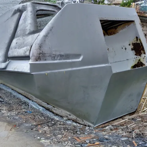 Prompt: dry dock concrete clamshell grill garbage can on an abandoned shiny angular motorboat hull, liquefy filter