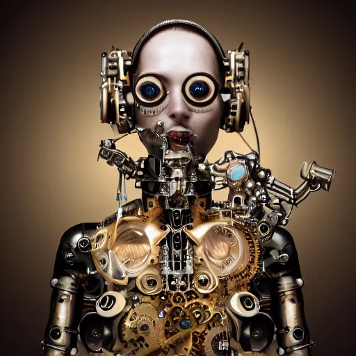 Prompt: a beautiful intricate fine art portrait photo of a mechanical industrial steampunk cybernetic sommelier, by natalie shau and zach sutton, perfection!, studio lighting, 35mm lens, very detailed, ring light in the eyes, bionic, cybernetic scifi, deep depth of field, artstation, 8K, highly coherent