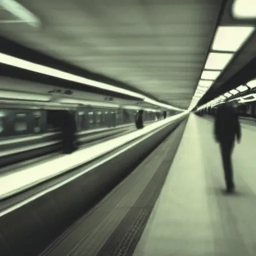 Image similar to ominous grainy surveillance photo still of scary monster in style of trevor henderson inside toronto subway