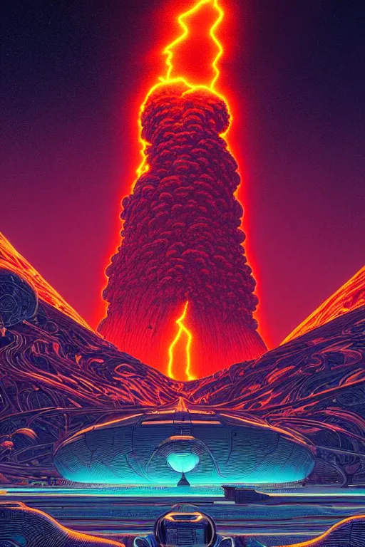 Image similar to artwork by kilian eng and toshi yoshida and moebius showing a futuristic powerstation!! in front of a ( ( exploding volcano ) ), vintage scifi, high details, dramatic lightning,, 8 k