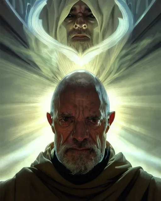 Image similar to realistic wide angle portrait of a nasty bishop, cross, evil, heroic pose, beautiful face, bible, full body, dramatic lighting, intricate, wild, highly detailed, digital painting, artstation, concept art, smooth, sharp focus, illustration, art by artgerm and greg rutkowski and alphonse mucha, footage from space camera