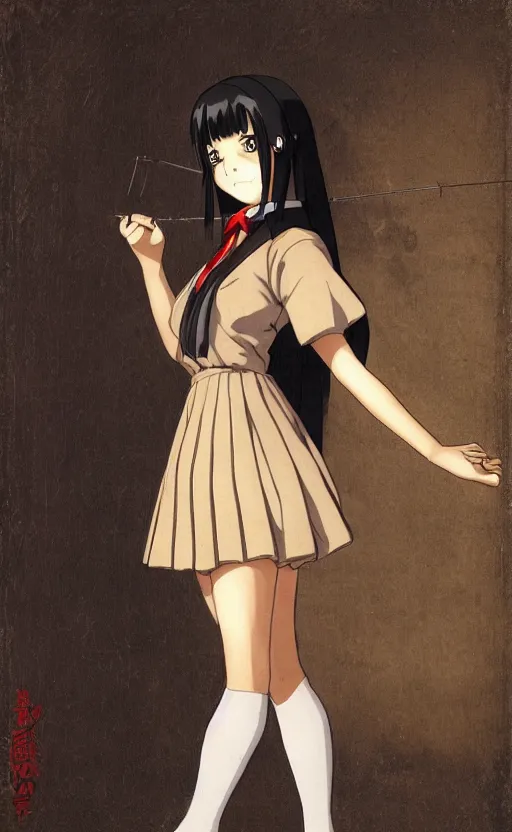 Prompt: school girl, school uniform, seifuku, pleated miniskirt, battle angel alita. by rembrandt 1 6 6 7, illustration, by emperpep