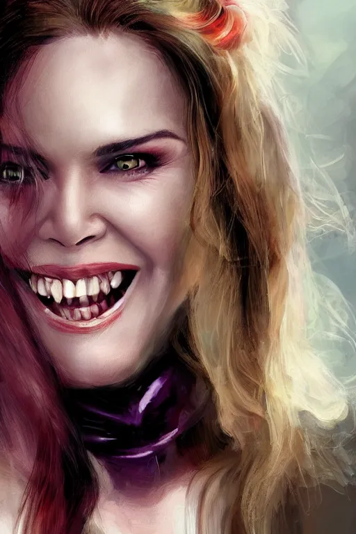 Image similar to mix of beautiful young maria shriver, mariel hemmingway, brooke shields, nicole kidman and elle macpherson as a vampire showing vampire teeth, ready to bite, thin lips, hair tied up in a pony tail, dark blonde hair, colorful, deviantart, artstation, cgsociety