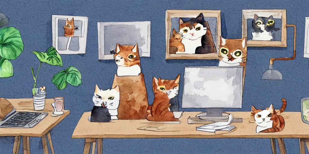 Image similar to watercolor illustration style, cute cats watch the news in computer monitor