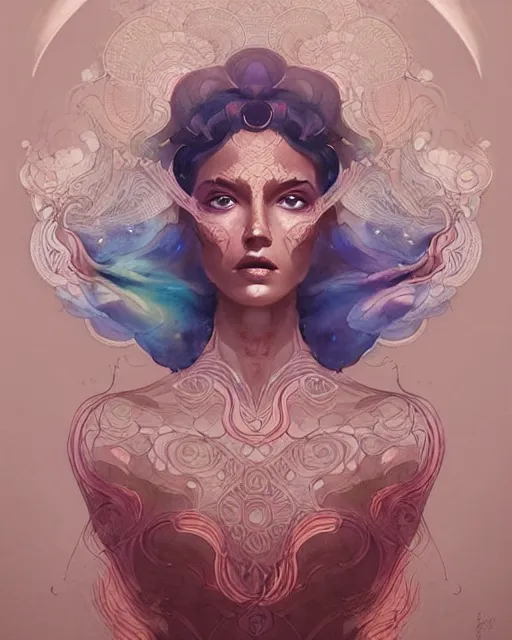 Image similar to Rose Gold intricate lace smoke portrait, geometric watercolor art by peter mohrbacher and artgerm, radiant halo of light