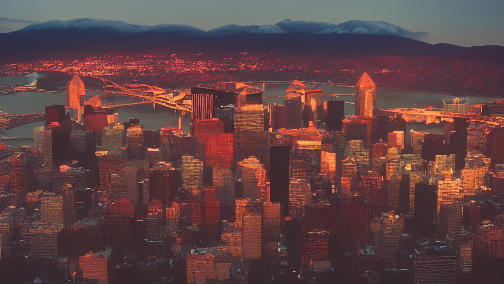 Image similar to an apocalyptic Pittsburgh, medium format photography taken from Mount Washington, Fuji velvia, 4k, golden hour