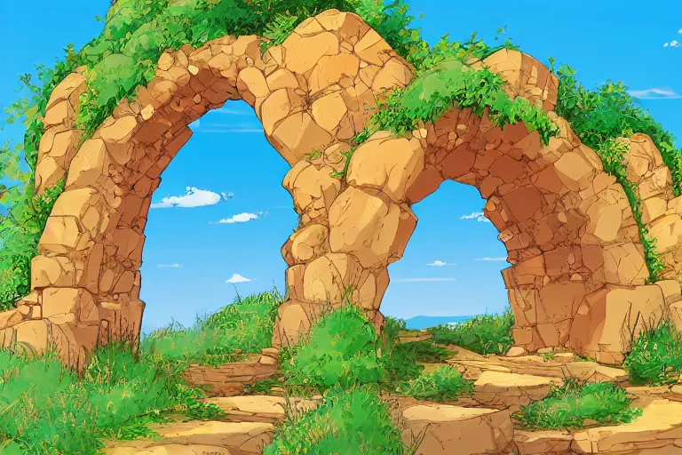 Prompt: natural stone arches with bushes, sunny day, long shot, digital art, in the style of studio ghibli, vivid colors, highly detailed, 8 k, establishing shot, smooth, trending on artstation, illustration, flat colors