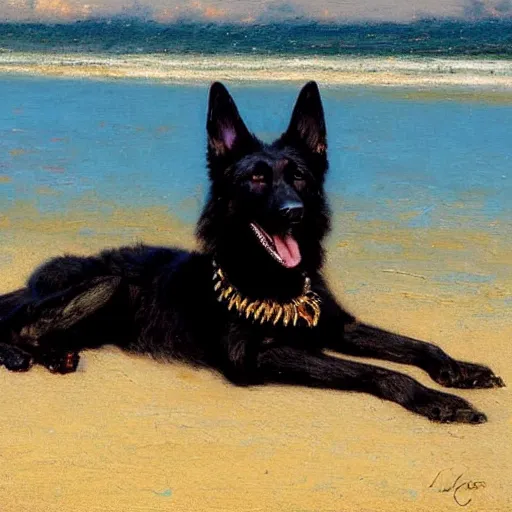 Image similar to a portrait of a black german shepard dogman canine lying at the beach in a swimsuit. highly detailed painting by gaston bussiere craig mullins jc