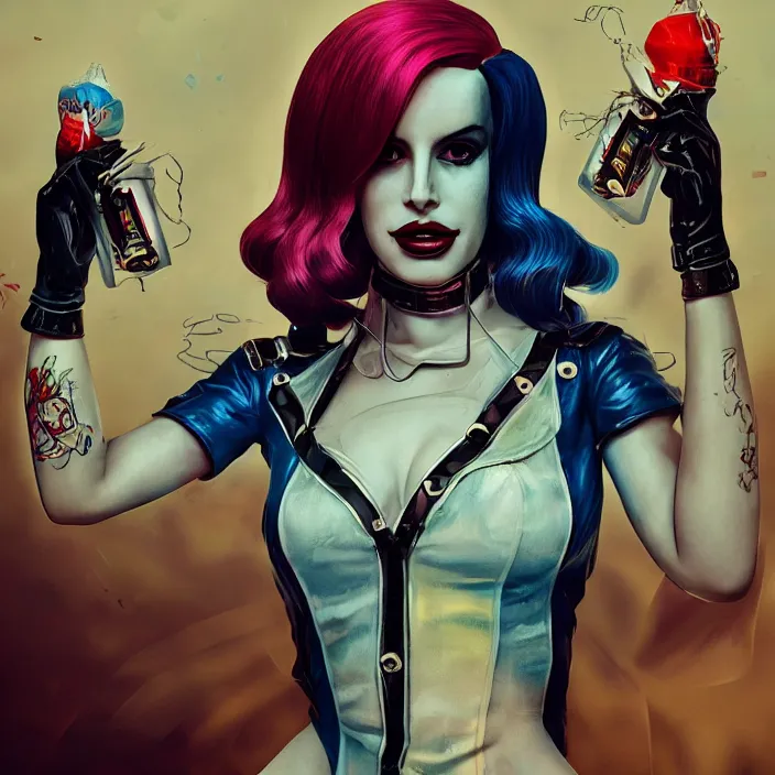 Image similar to portrait of lana del ray as a harley quinn. intricate abstract. intricate artwork. nightmare fuel. by Tooth Wu, wlop, beeple, dan mumford. octane render, trending on artstation, greg rutkowski very coherent symmetrical artwork. cinematic, hyper realism, high detail, octane render, 8k, iridescent accents