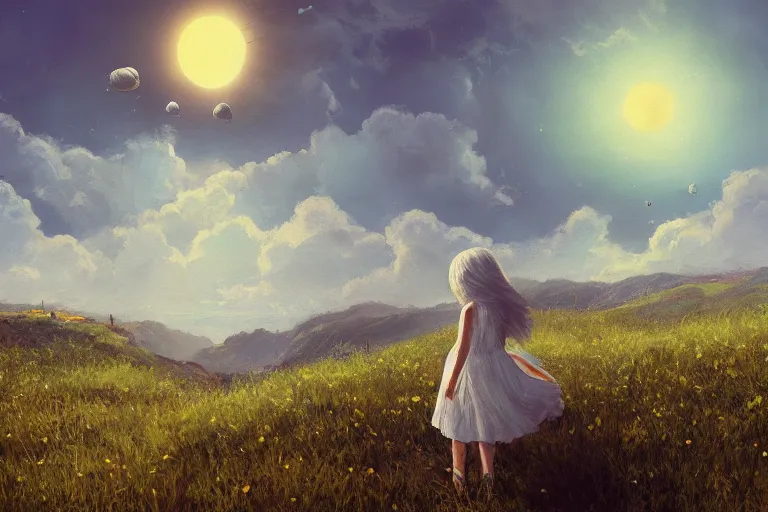 Image similar to giant white daisy flower head, girl walking on cliff, surreal photography, solar eclipse, milky way, dramatic light, impressionist painting, clouds, digital painting, artstation, simon stalenhag