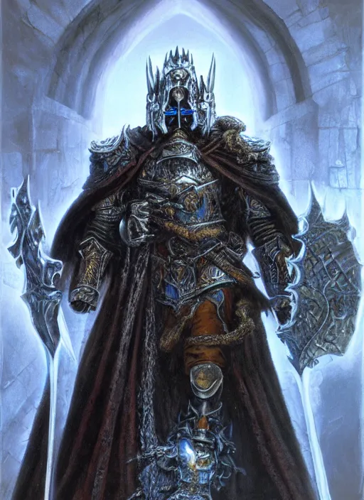 Prompt: hyper realist render of the portrait of lich king by wayne berlowe