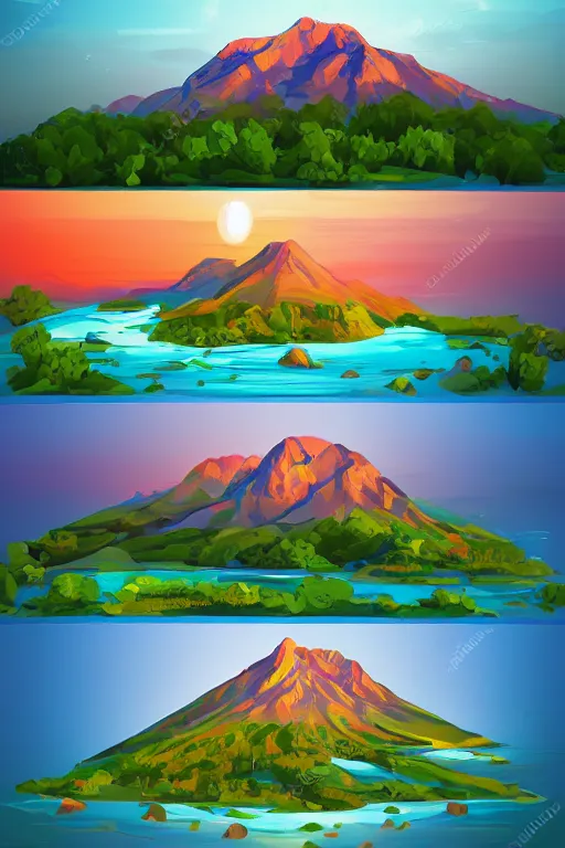 Image similar to sunrise mountain water illustration vector digital art trending on artstation