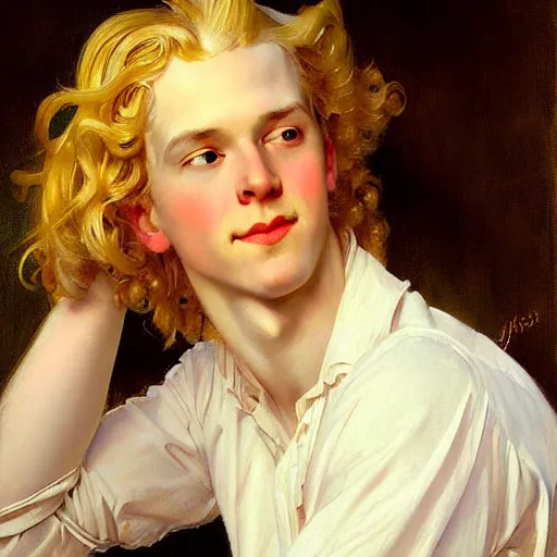 Prompt: beautiful portrait painting of the androgynous pale blond prince Lucius with long curly blond hair, delicate young man wearing a soft white poet shirt smiling sleepily at the viewer, in love by J.C Leyendecker and Norman Rockwell