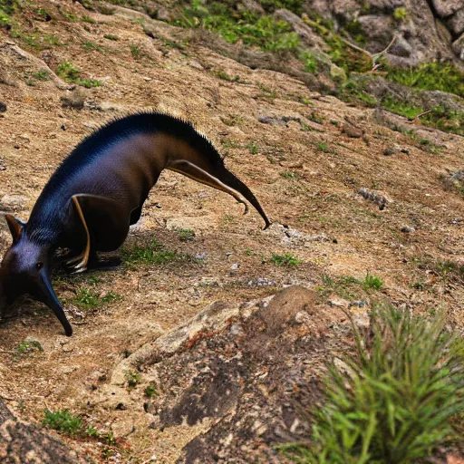 Prompt: anteater eating ants at the top of mountain, triunphantly, photograph