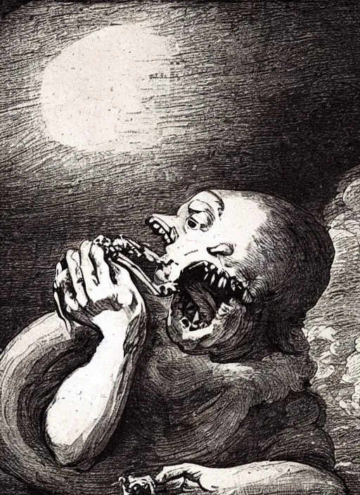 Prompt: saturn devouring his hot dog by francisco goya