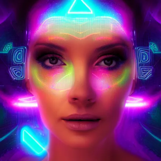 Prompt: full face portrait! of a beautiful! woman, 3 0 years, filled with spiral of numbers neon lights, digits written on foreground, retrowave color scheme, fractal chaotic dark, nebula soft background, by wlop!, artstation, deviantart, sparkles, motion blur, 8 k
